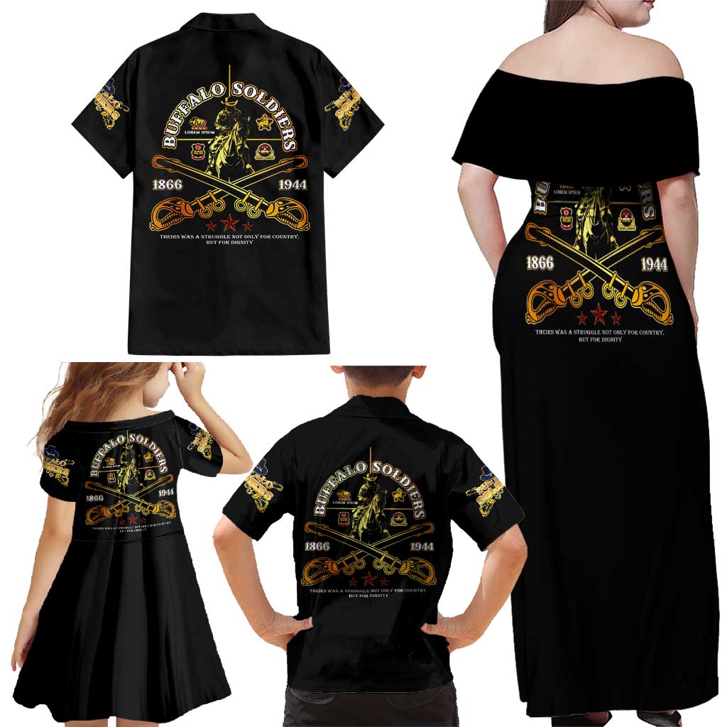 Buffalo Soldiers Strength Honor Legacy Family Matching Off Shoulder Maxi Dress and Hawaiian Shirt African-American Cavalry Tribute - Wonder Print Shop