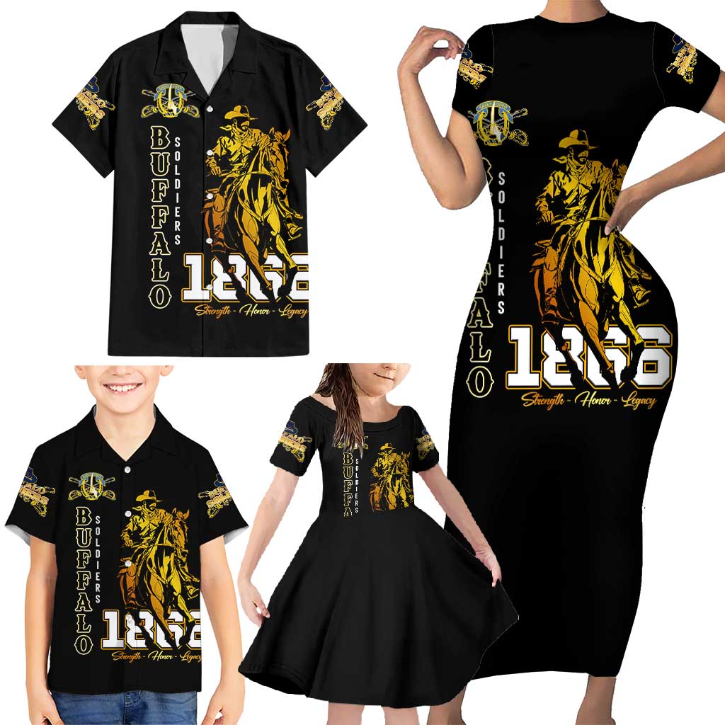 Buffalo Soldiers Strength Honor Legacy Family Matching Short Sleeve Bodycon Dress and Hawaiian Shirt African-American Cavalry Tribute - Wonder Print Shop