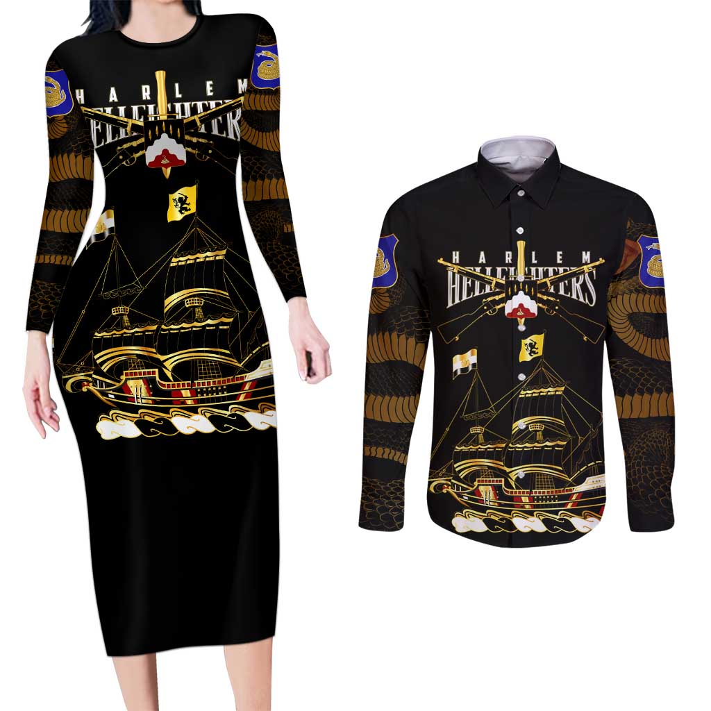 Harlem Hellfighters—First To Fight, First To Lead Couples Matching Long Sleeve Bodycon Dress and Long Sleeve Button Shirt - Wonder Print Shop