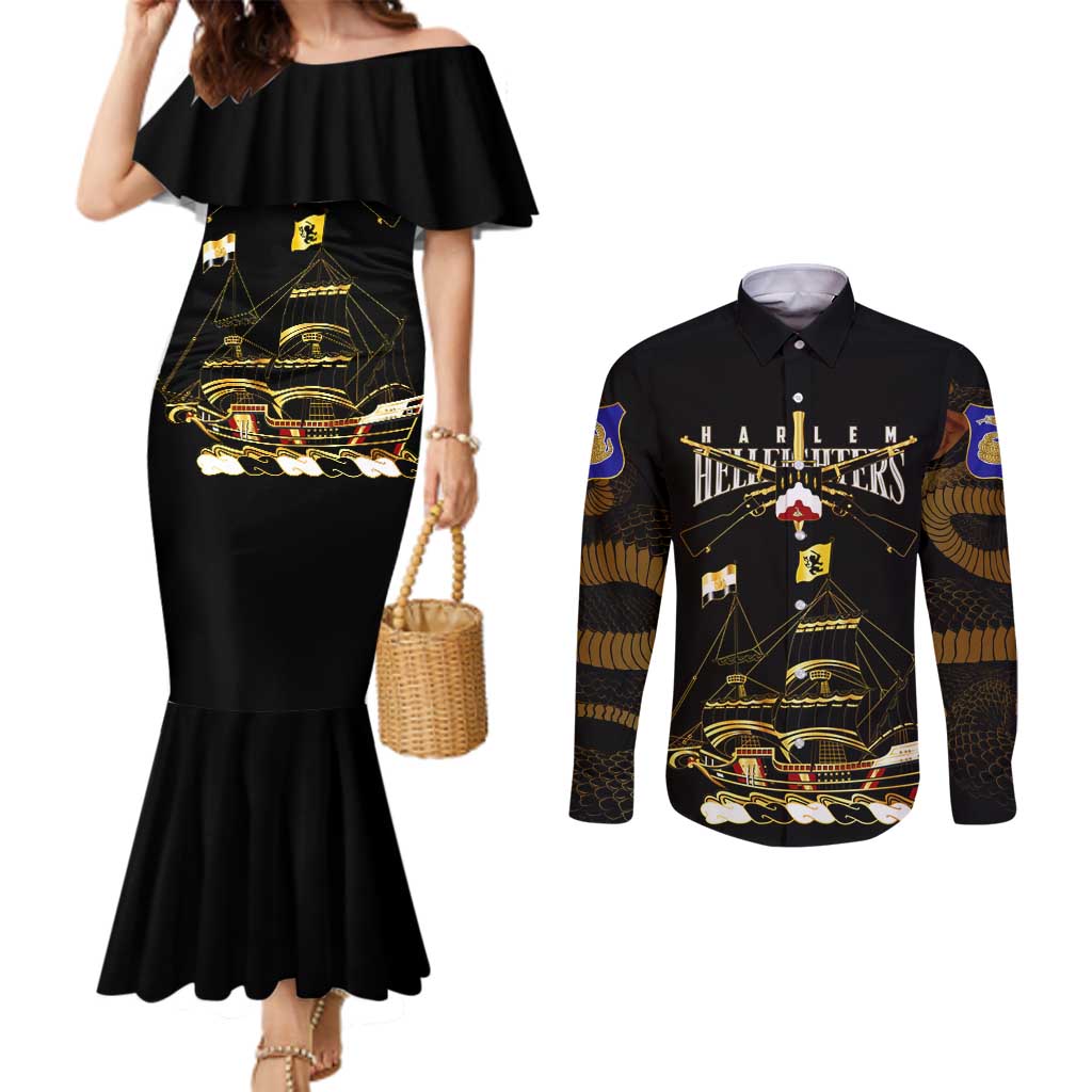 Harlem Hellfighters—First To Fight, First To Lead Couples Matching Mermaid Dress and Long Sleeve Button Shirt - Wonder Print Shop