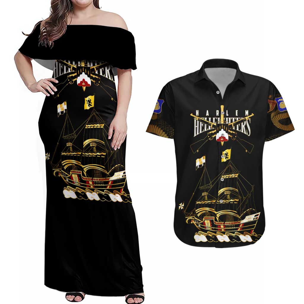 Harlem Hellfighters—First To Fight, First To Lead Couples Matching Off Shoulder Maxi Dress and Hawaiian Shirt - Wonder Print Shop