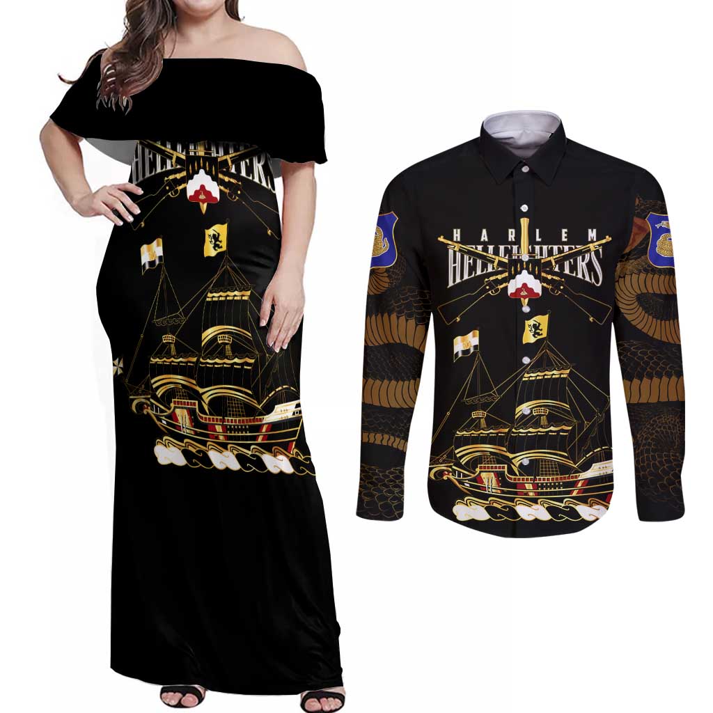 Harlem Hellfighters—First To Fight, First To Lead Couples Matching Off Shoulder Maxi Dress and Long Sleeve Button Shirt - Wonder Print Shop
