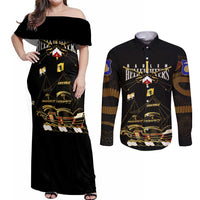 Harlem Hellfighters—First To Fight, First To Lead Couples Matching Off Shoulder Maxi Dress and Long Sleeve Button Shirt - Wonder Print Shop