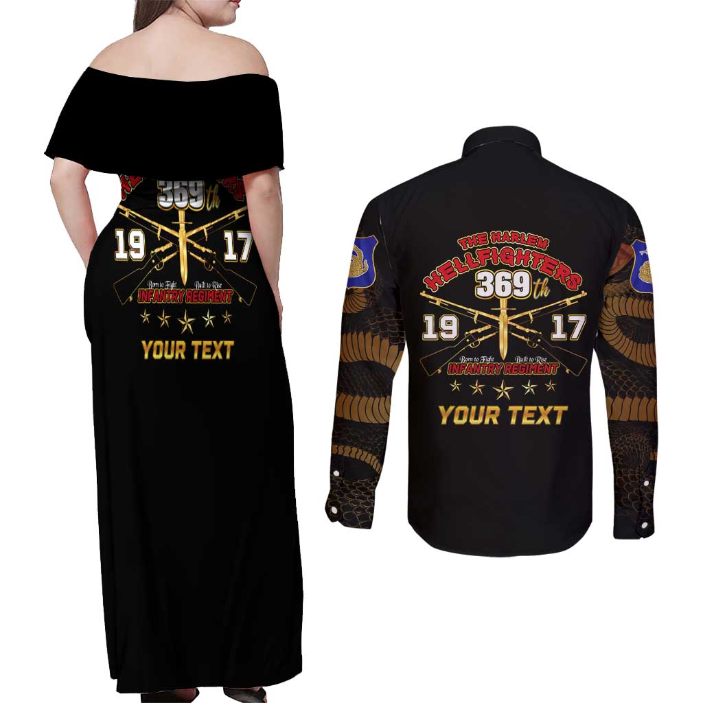 Harlem Hellfighters—First To Fight, First To Lead Couples Matching Off Shoulder Maxi Dress and Long Sleeve Button Shirt - Wonder Print Shop