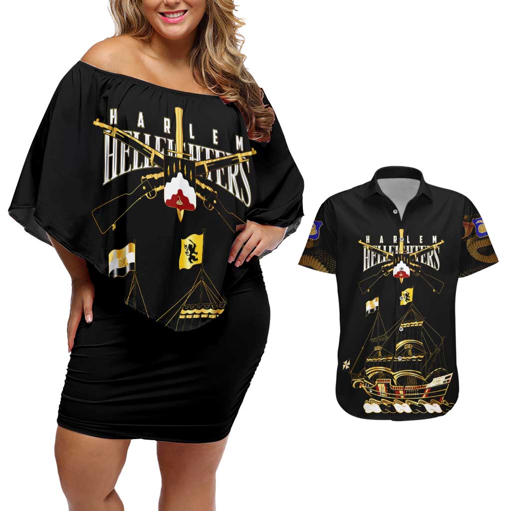 Harlem Hellfighters—First To Fight, First To Lead Couples Matching Off Shoulder Short Dress and Hawaiian Shirt - Wonder Print Shop