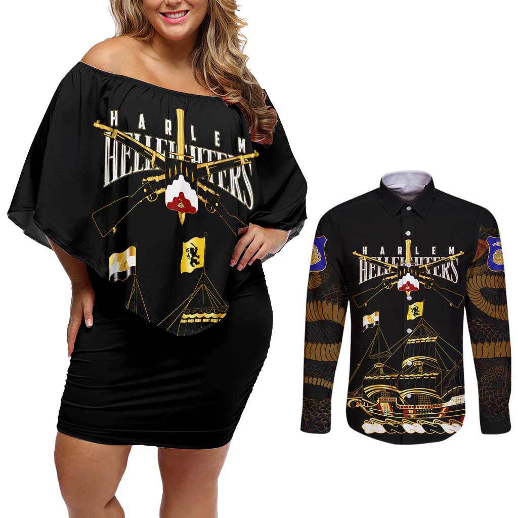 Harlem Hellfighters—First To Fight, First To Lead Couples Matching Off Shoulder Short Dress and Long Sleeve Button Shirt - Wonder Print Shop