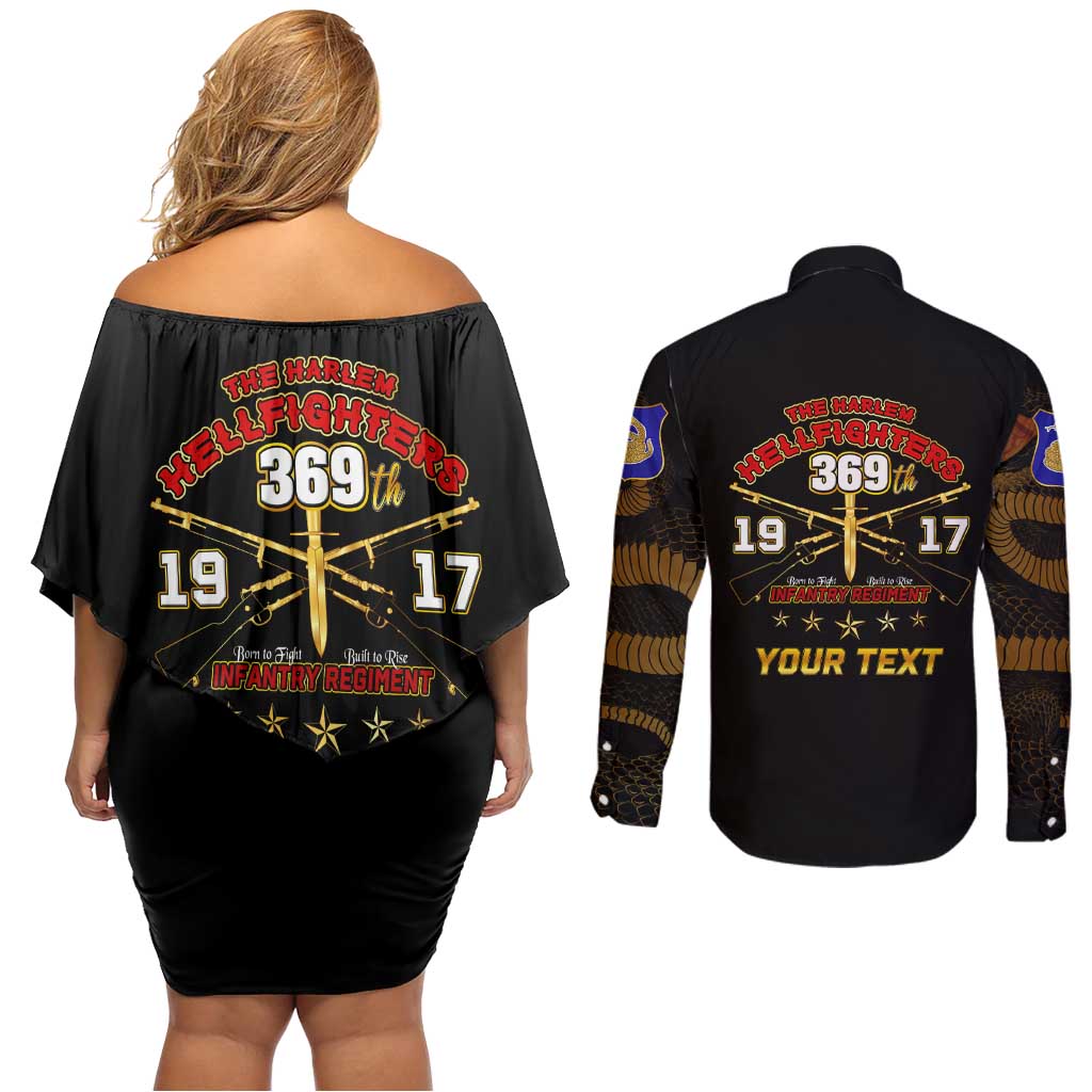 Harlem Hellfighters—First To Fight, First To Lead Couples Matching Off Shoulder Short Dress and Long Sleeve Button Shirt - Wonder Print Shop