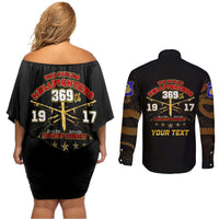 Harlem Hellfighters—First To Fight, First To Lead Couples Matching Off Shoulder Short Dress and Long Sleeve Button Shirt - Wonder Print Shop