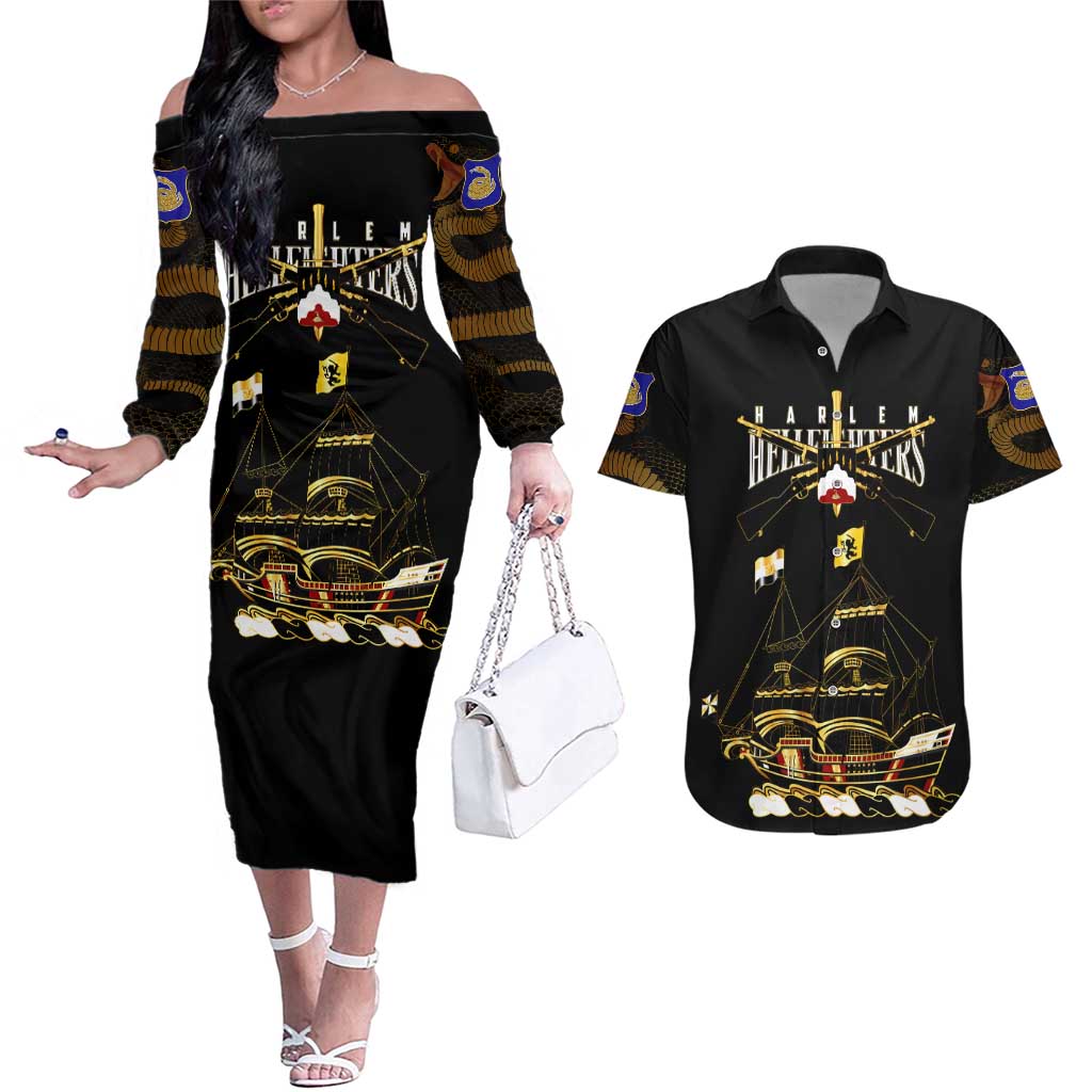 Harlem Hellfighters—First To Fight, First To Lead Couples Matching Off The Shoulder Long Sleeve Dress and Hawaiian Shirt - Wonder Print Shop