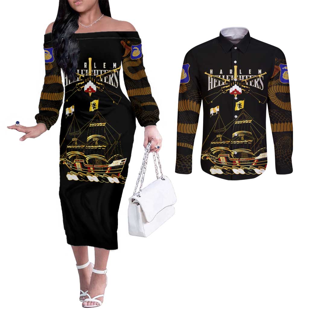 Harlem Hellfighters—First To Fight, First To Lead Couples Matching Off The Shoulder Long Sleeve Dress and Long Sleeve Button Shirt - Wonder Print Shop