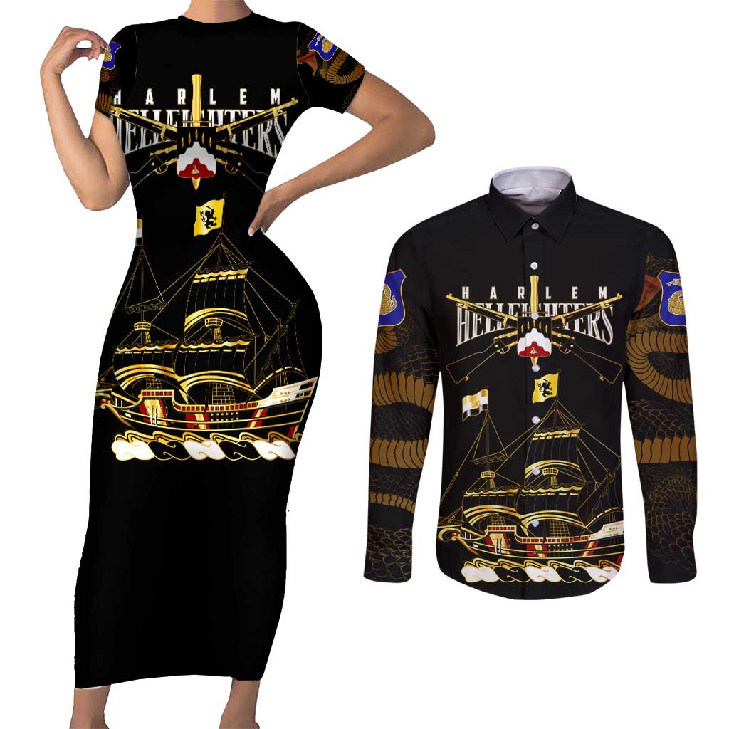 Harlem Hellfighters—First To Fight, First To Lead Couples Matching Short Sleeve Bodycon Dress and Long Sleeve Button Shirt - Wonder Print Shop