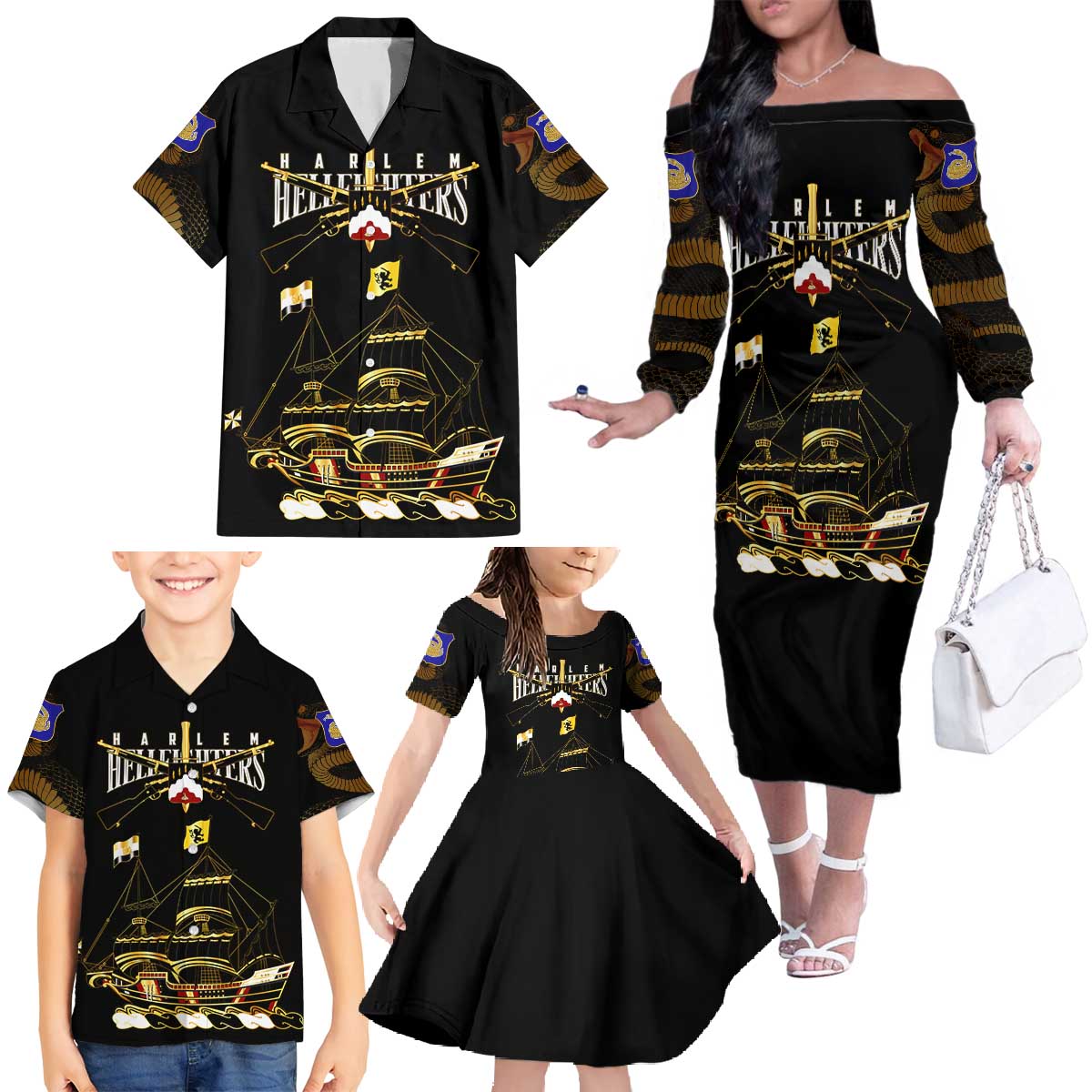 Harlem Hellfighters—First To Fight, First To Lead Family Matching Off The Shoulder Long Sleeve Dress and Hawaiian Shirt - Wonder Print Shop