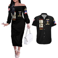 At The Front, Always Couples Matching Off The Shoulder Long Sleeve Dress and Hawaiian Shirt - Wonder Print Shop