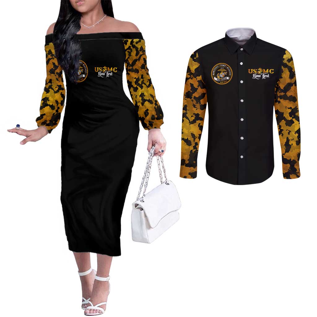 The First Black Marines: A Legacy Etched In Honor Couples Matching Off The Shoulder Long Sleeve Dress and Long Sleeve Button Shirt - Wonder Print Shop