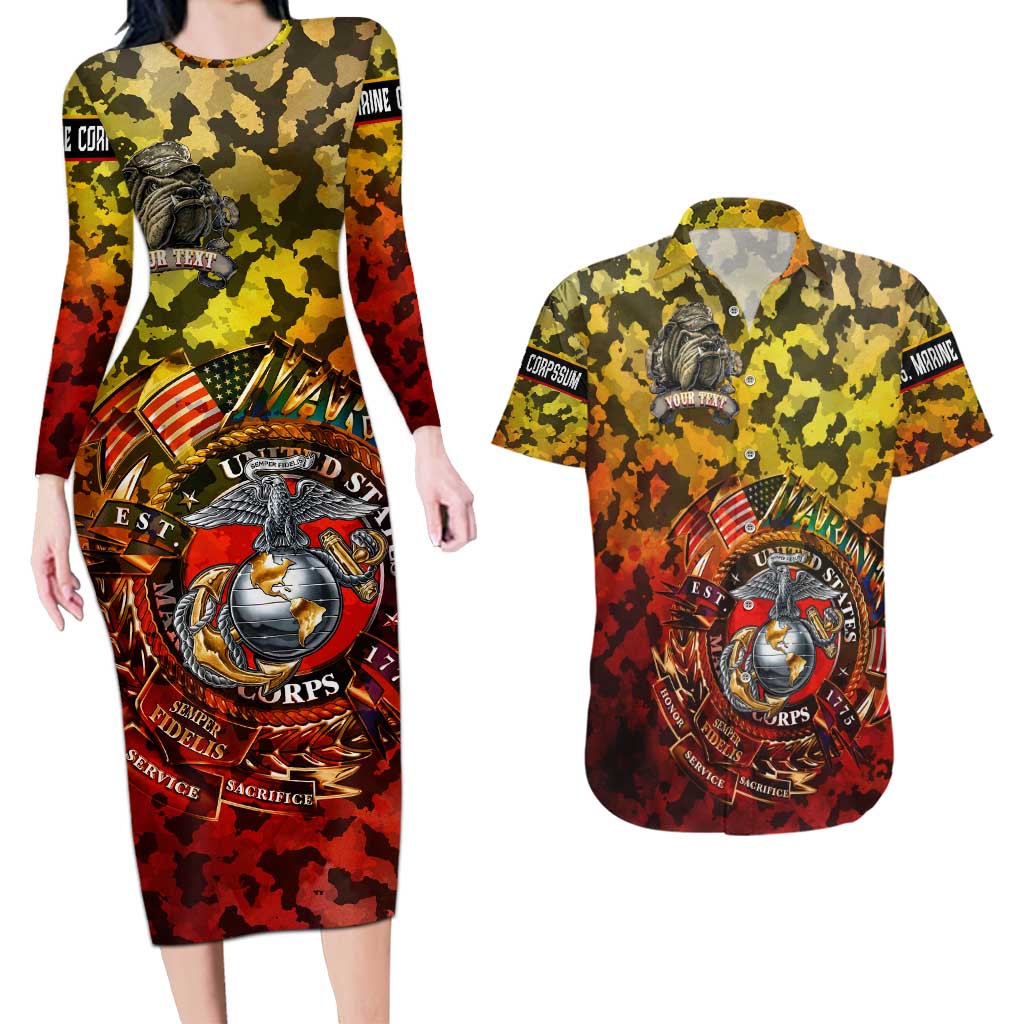 Chesty The Bulldog: Mascot Of Valor Couples Matching Long Sleeve Bodycon Dress and Hawaiian Shirt - Wonder Print Shop