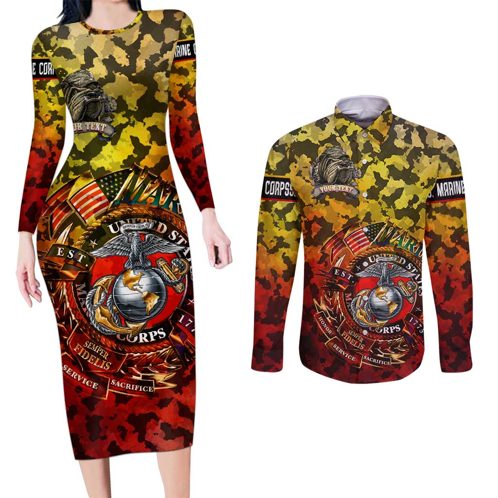 Chesty The Bulldog: Mascot Of Valor Couples Matching Long Sleeve Bodycon Dress and Long Sleeve Button Shirt - Wonder Print Shop