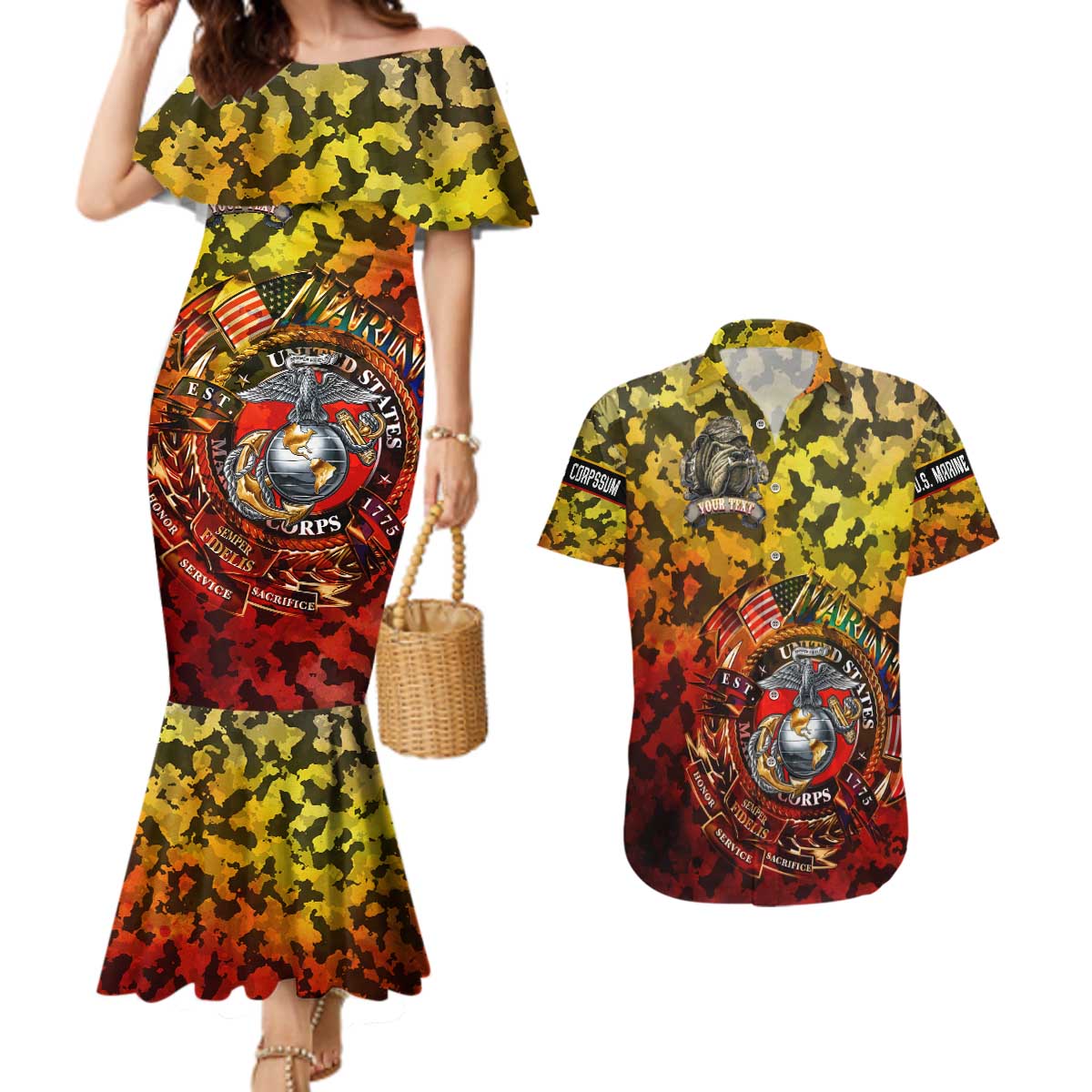 Chesty The Bulldog: Mascot Of Valor Couples Matching Mermaid Dress and Hawaiian Shirt - Wonder Print Shop
