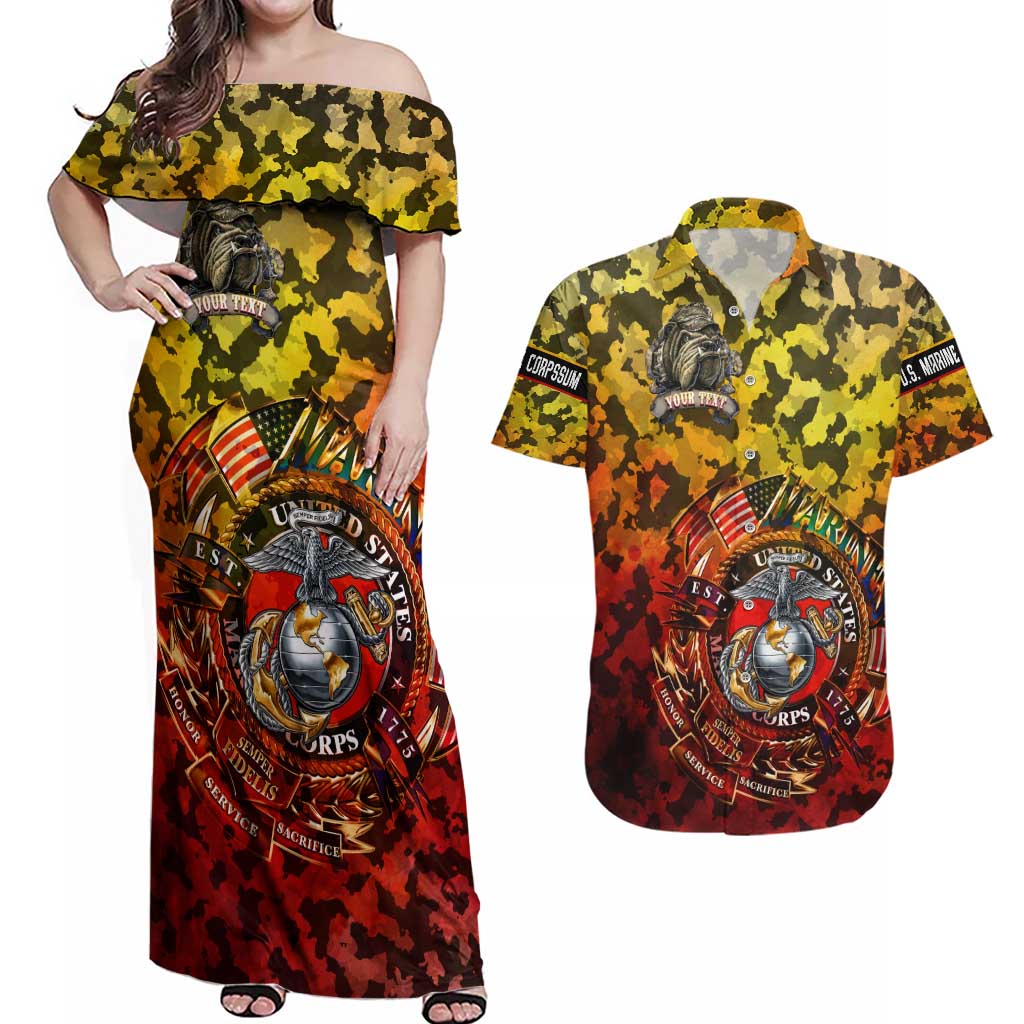 Chesty The Bulldog: Mascot Of Valor Couples Matching Off Shoulder Maxi Dress and Hawaiian Shirt - Wonder Print Shop
