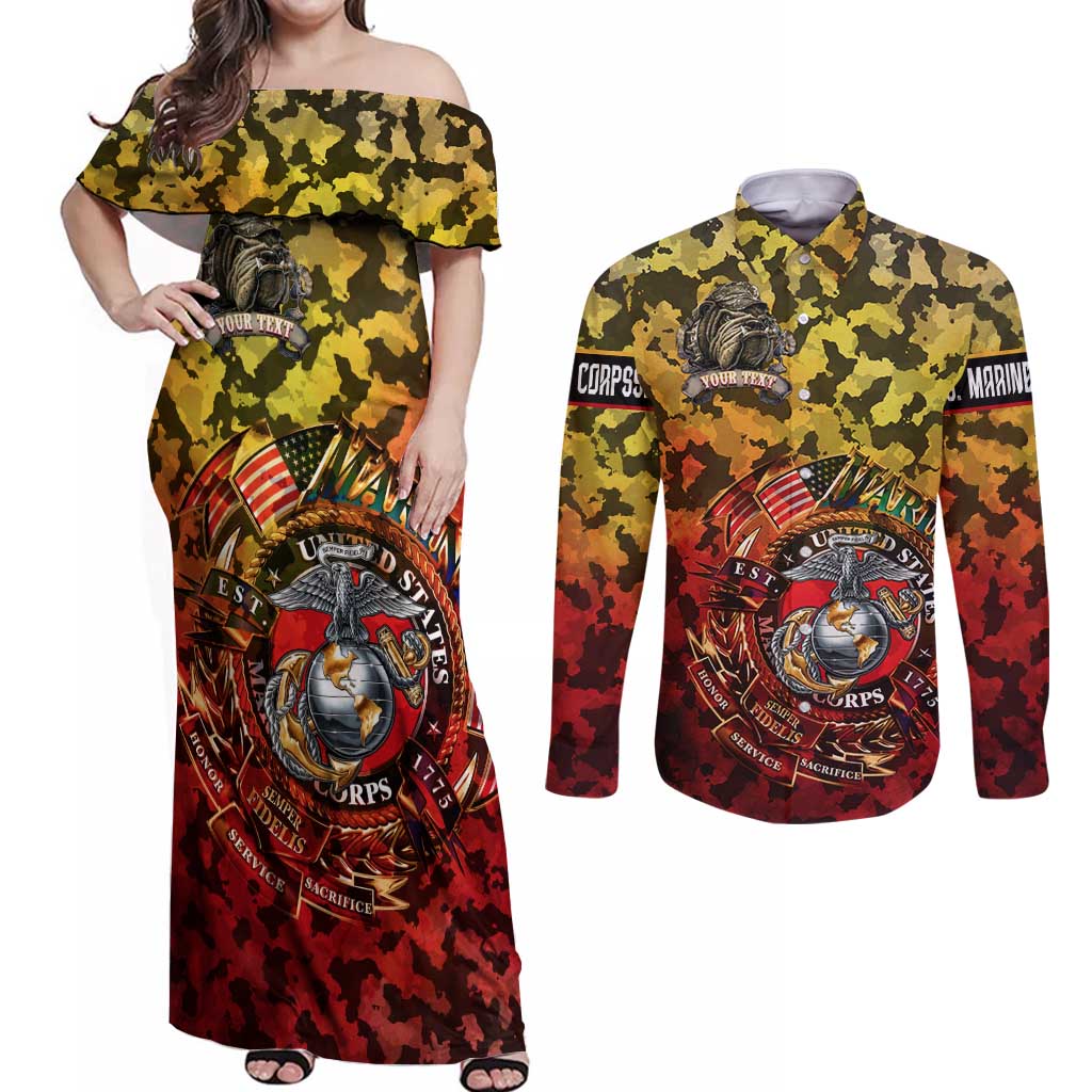Chesty The Bulldog: Mascot Of Valor Couples Matching Off Shoulder Maxi Dress and Long Sleeve Button Shirt - Wonder Print Shop
