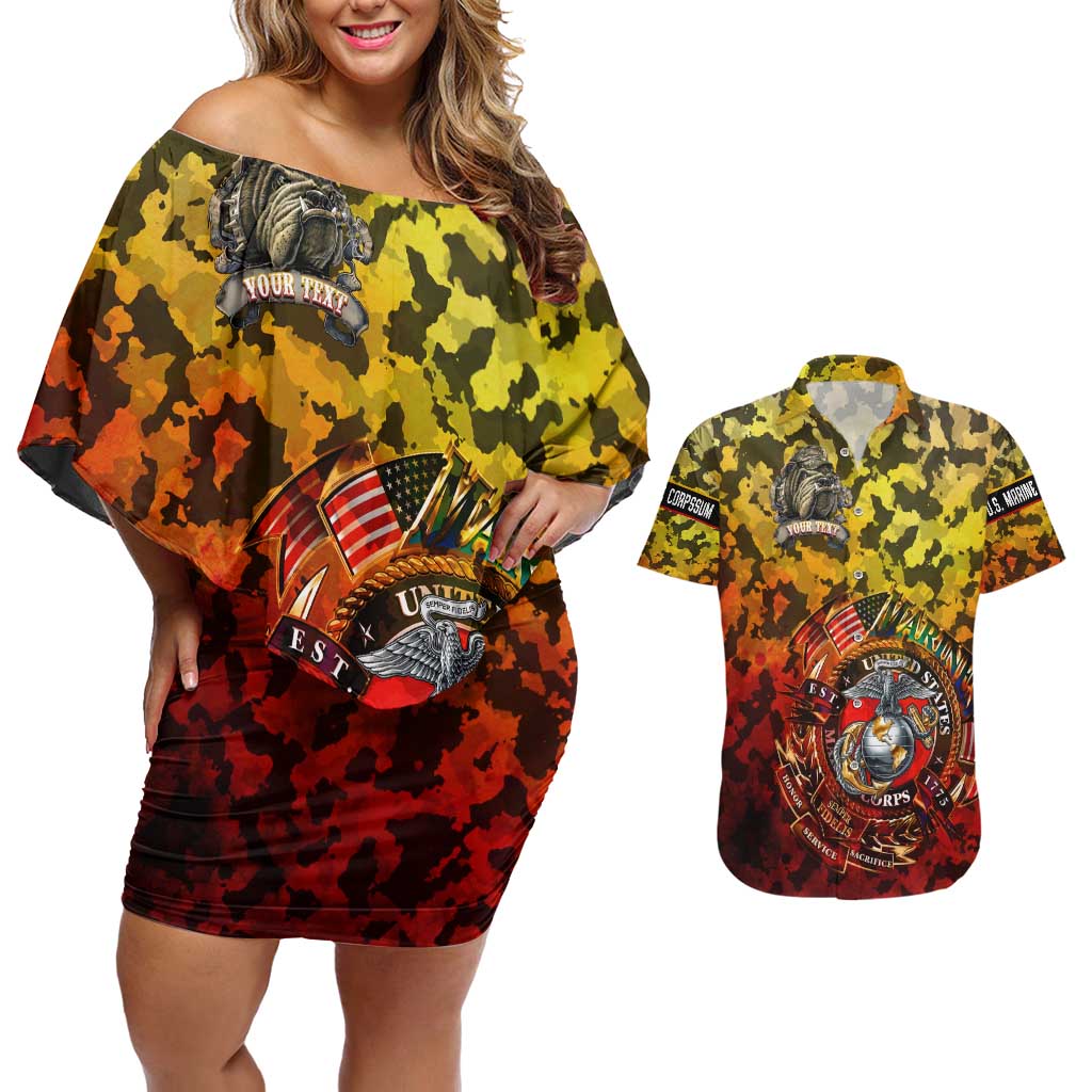 Chesty The Bulldog: Mascot Of Valor Couples Matching Off Shoulder Short Dress and Hawaiian Shirt - Wonder Print Shop