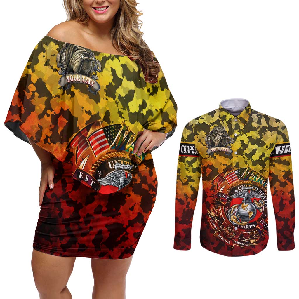 Chesty The Bulldog: Mascot Of Valor Couples Matching Off Shoulder Short Dress and Long Sleeve Button Shirt - Wonder Print Shop