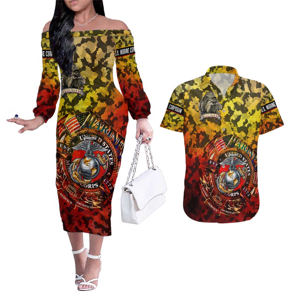 Chesty The Bulldog: Mascot Of Valor Couples Matching Off The Shoulder Long Sleeve Dress and Hawaiian Shirt - Wonder Print Shop