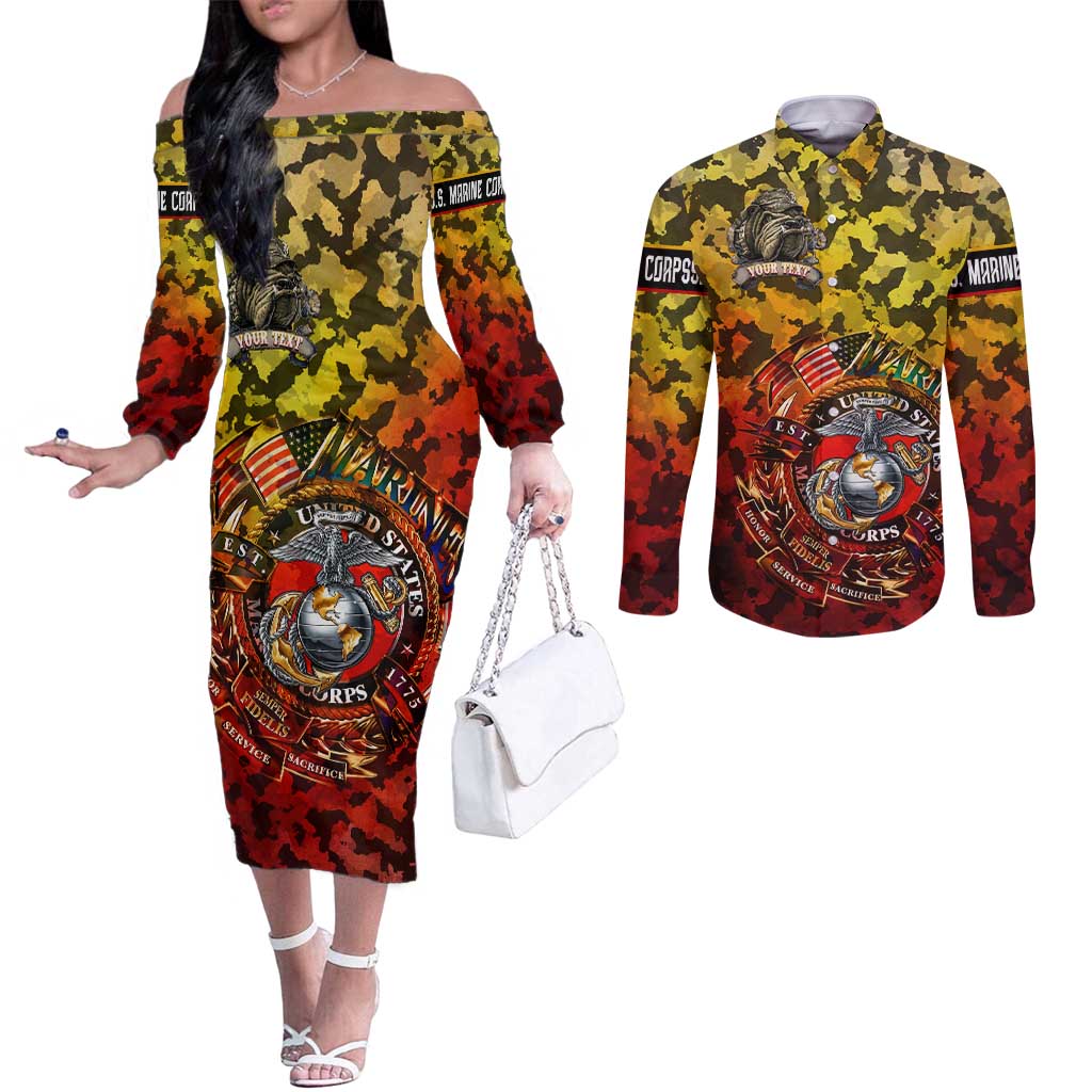 Chesty The Bulldog: Mascot Of Valor Couples Matching Off The Shoulder Long Sleeve Dress and Long Sleeve Button Shirt - Wonder Print Shop