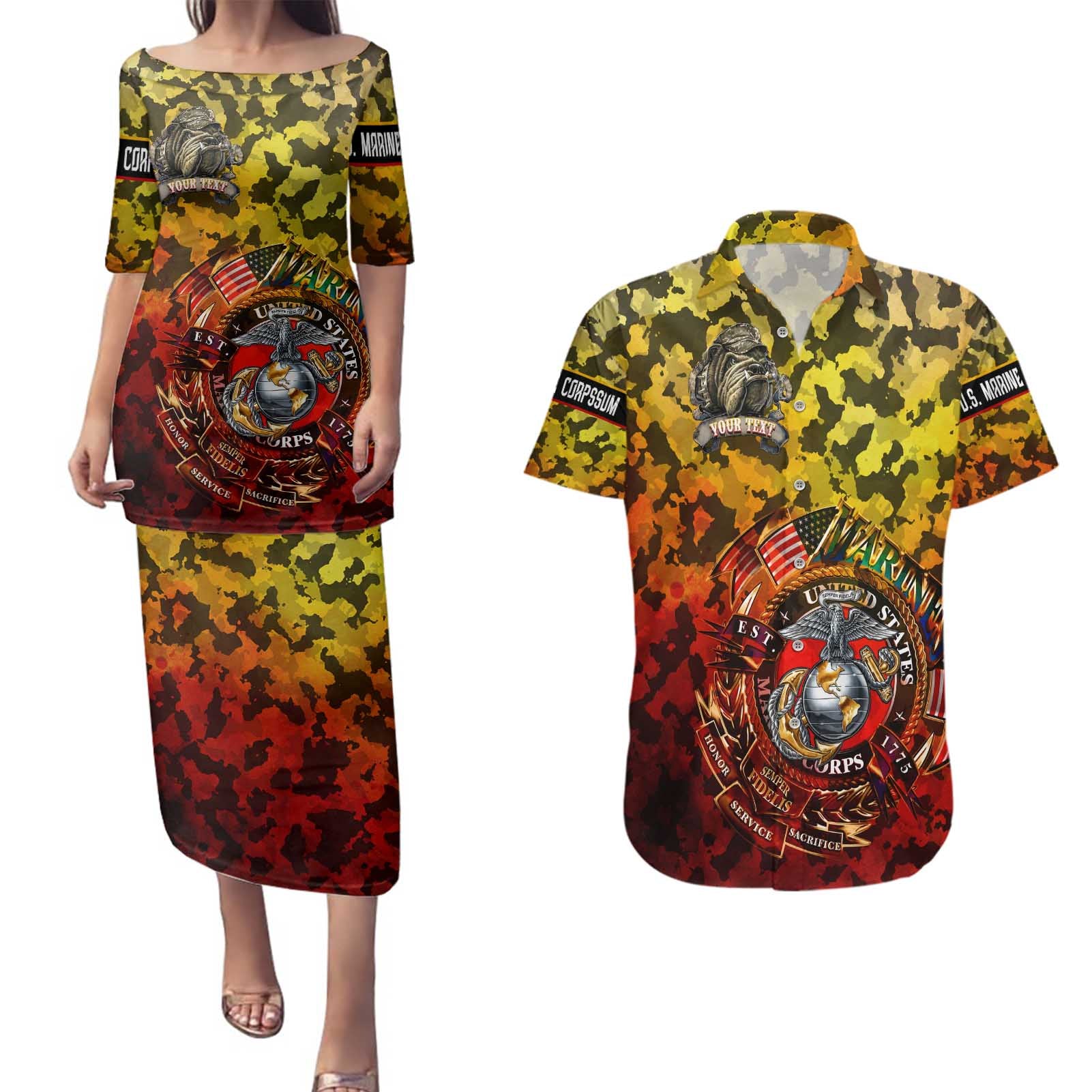 Chesty The Bulldog: Mascot Of Valor Couples Matching Puletasi and Hawaiian Shirt - Wonder Print Shop