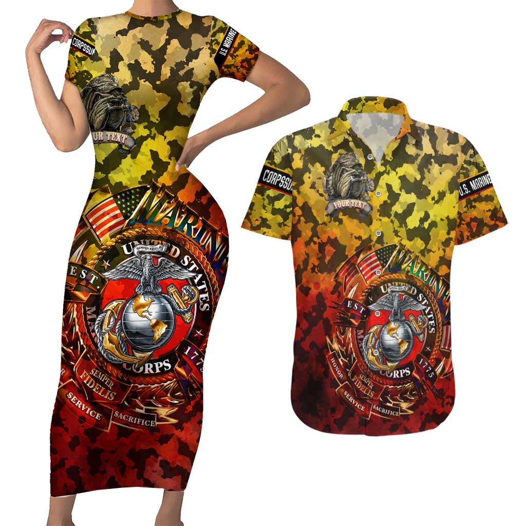 Chesty The Bulldog: Mascot Of Valor Couples Matching Short Sleeve Bodycon Dress and Hawaiian Shirt - Wonder Print Shop