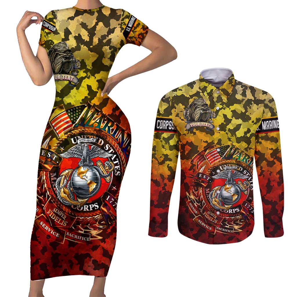 Chesty The Bulldog: Mascot Of Valor Couples Matching Short Sleeve Bodycon Dress and Long Sleeve Button Shirt - Wonder Print Shop