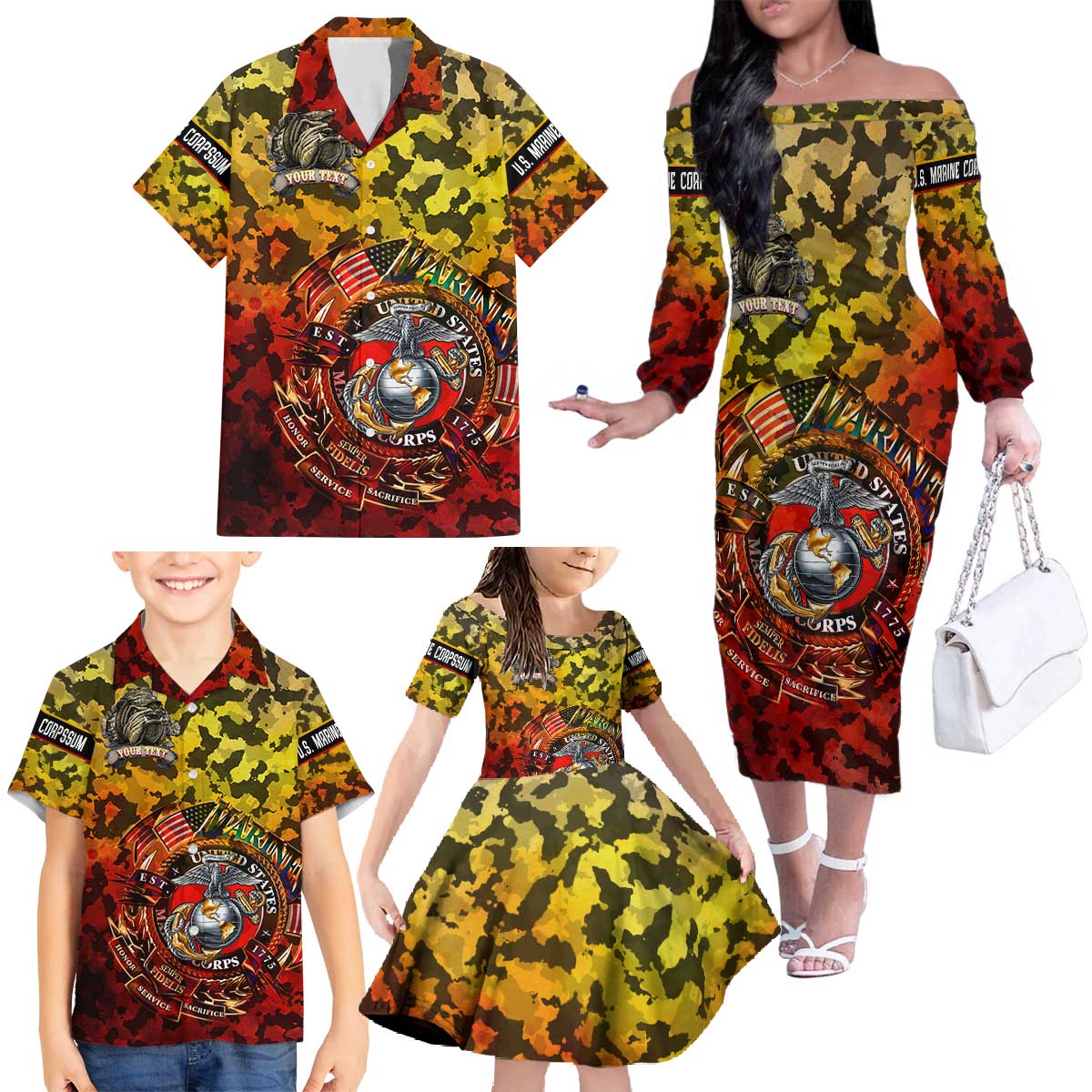 Chesty The Bulldog: Mascot Of Valor Family Matching Off The Shoulder Long Sleeve Dress and Hawaiian Shirt - Wonder Print Shop