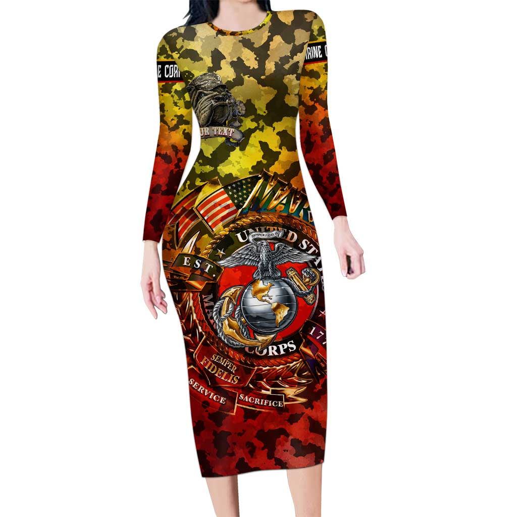 Chesty The Bulldog: Mascot Of Valor Long Sleeve Bodycon Dress - Wonder Print Shop