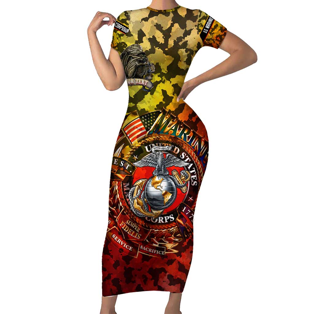 Chesty The Bulldog: Mascot Of Valor Short Sleeve Bodycon Dress - Wonder Print Shop