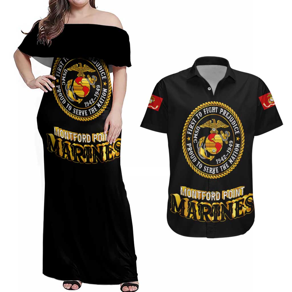 Breaking Barriers: Black Valor Couples Matching Off Shoulder Maxi Dress and Hawaiian Shirt - Wonder Print Shop