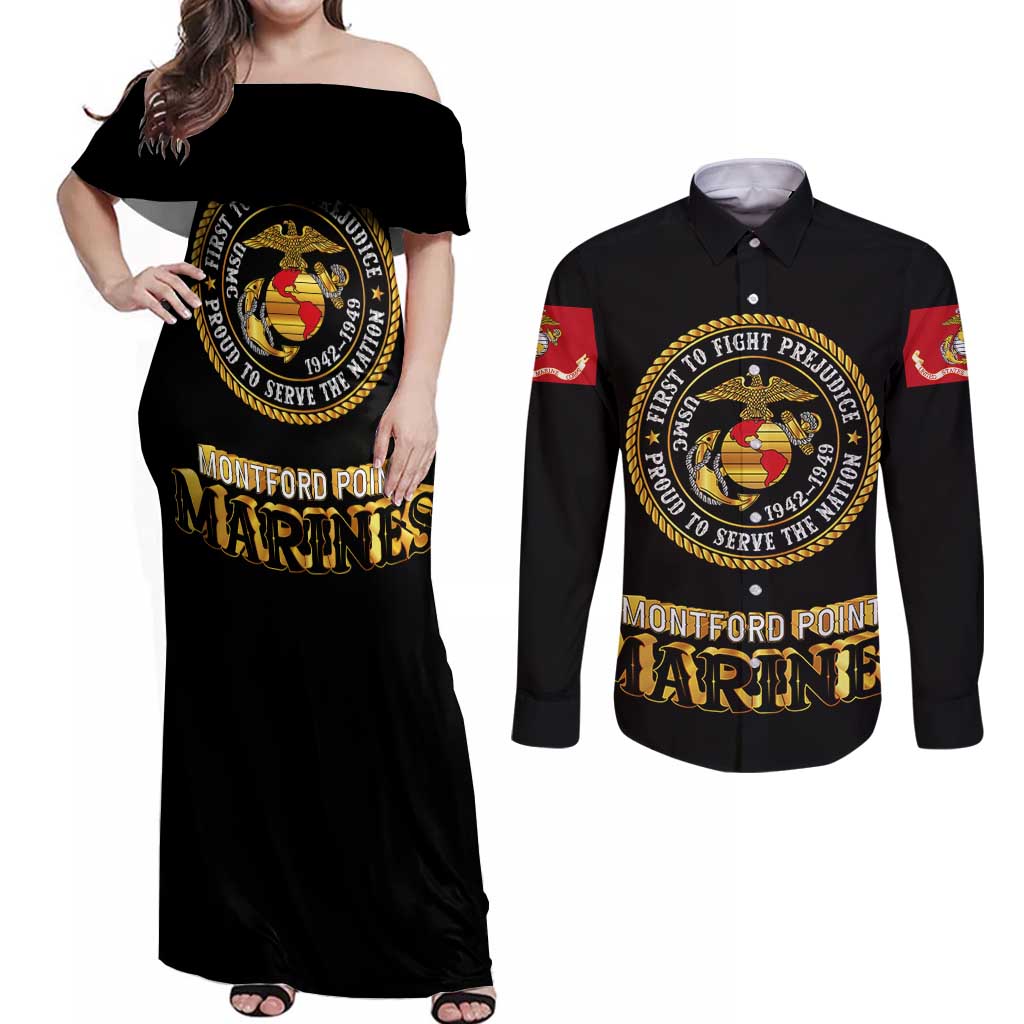 Breaking Barriers: Black Valor Couples Matching Off Shoulder Maxi Dress and Long Sleeve Button Shirt - Wonder Print Shop
