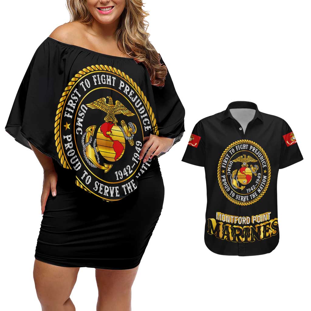 Breaking Barriers: Black Valor Couples Matching Off Shoulder Short Dress and Hawaiian Shirt - Wonder Print Shop