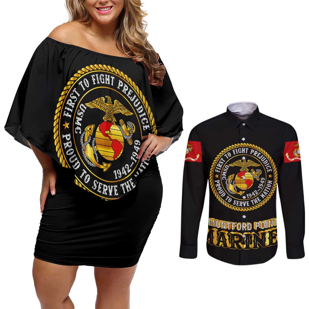 Breaking Barriers: Black Valor Couples Matching Off Shoulder Short Dress and Long Sleeve Button Shirt - Wonder Print Shop