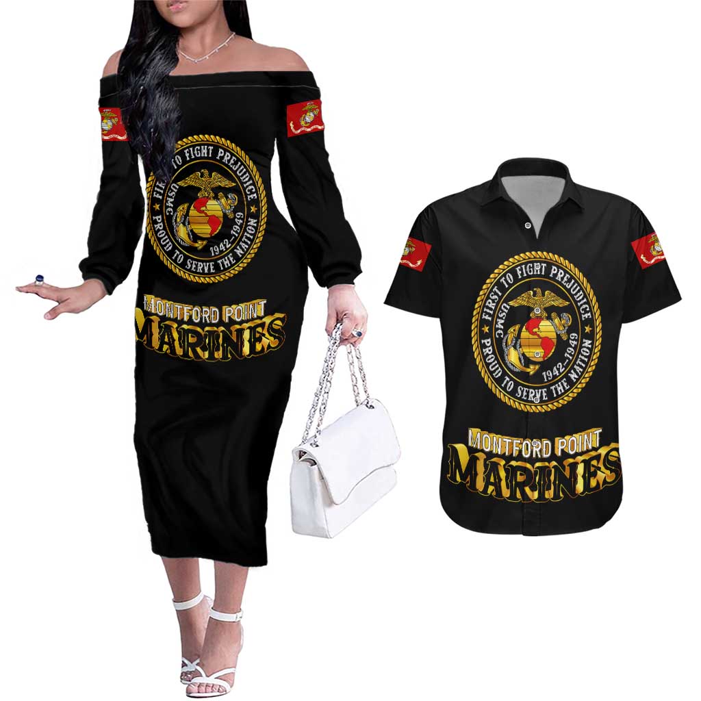 Breaking Barriers: Black Valor Couples Matching Off The Shoulder Long Sleeve Dress and Hawaiian Shirt - Wonder Print Shop