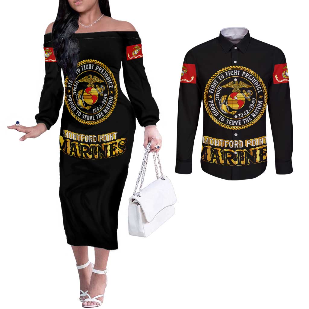 Breaking Barriers: Black Valor Couples Matching Off The Shoulder Long Sleeve Dress and Long Sleeve Button Shirt - Wonder Print Shop