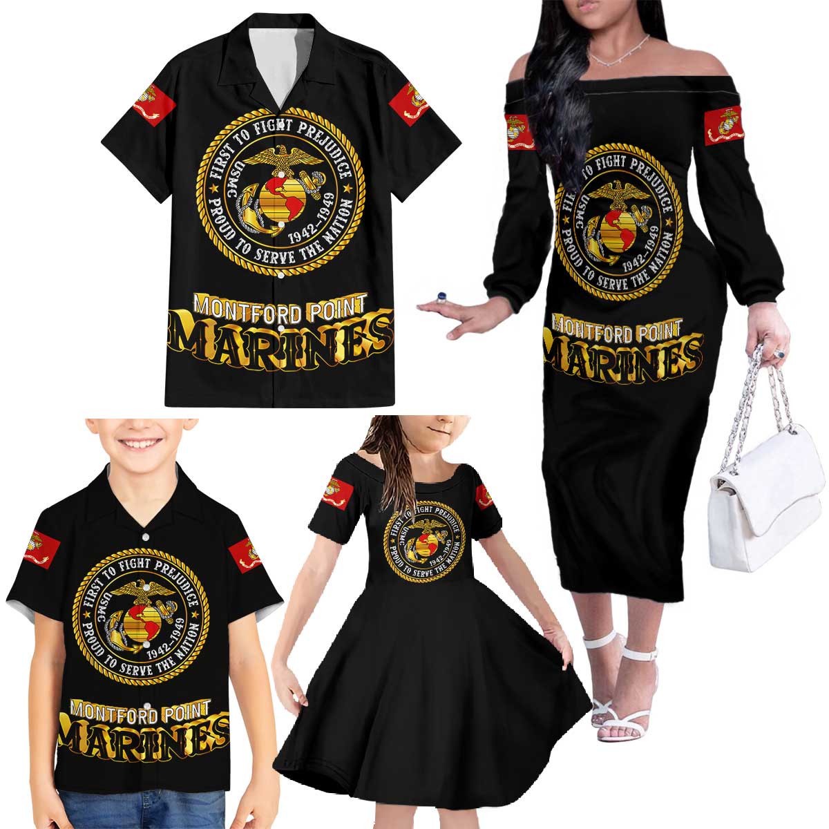 Breaking Barriers: Black Valor Family Matching Off The Shoulder Long Sleeve Dress and Hawaiian Shirt - Wonder Print Shop