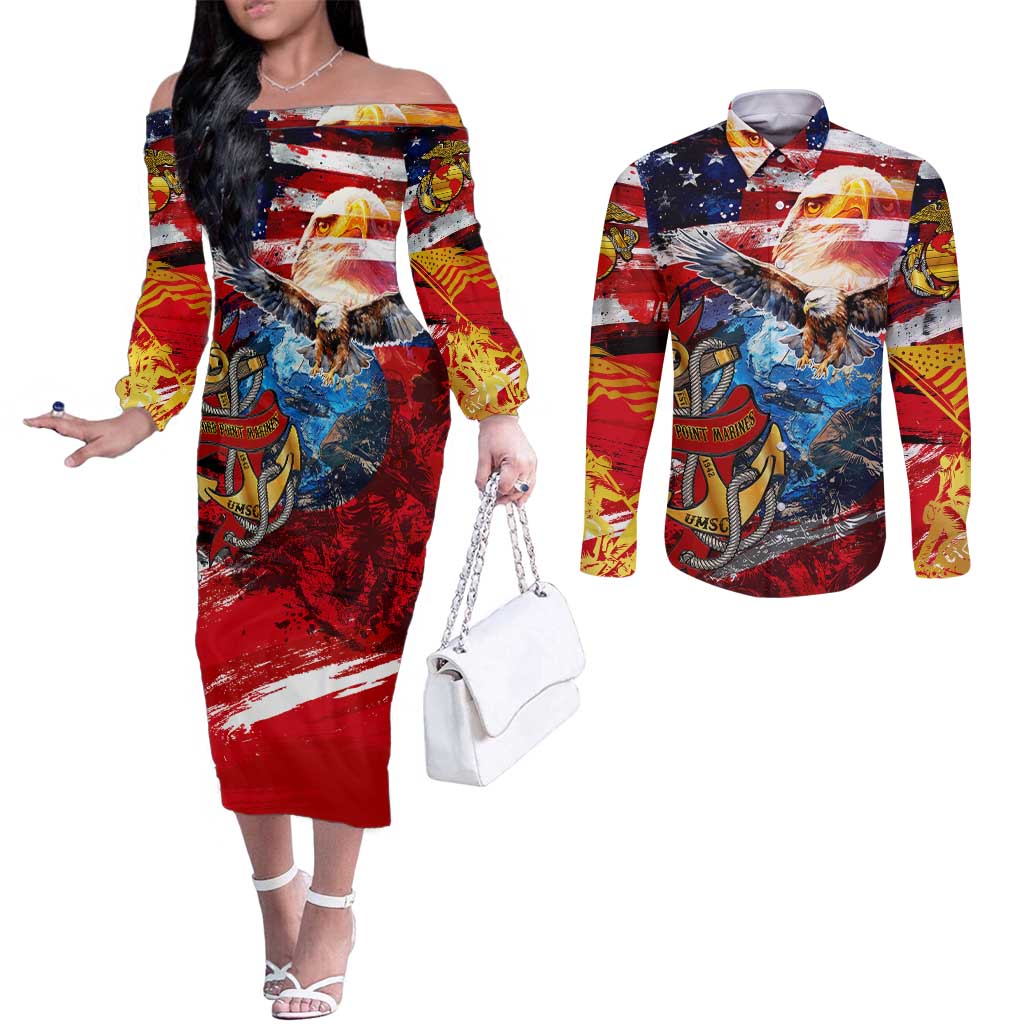 Serving The Nation Despite Injustice Couples Matching Off The Shoulder Long Sleeve Dress and Long Sleeve Button Shirt - Wonder Print Shop