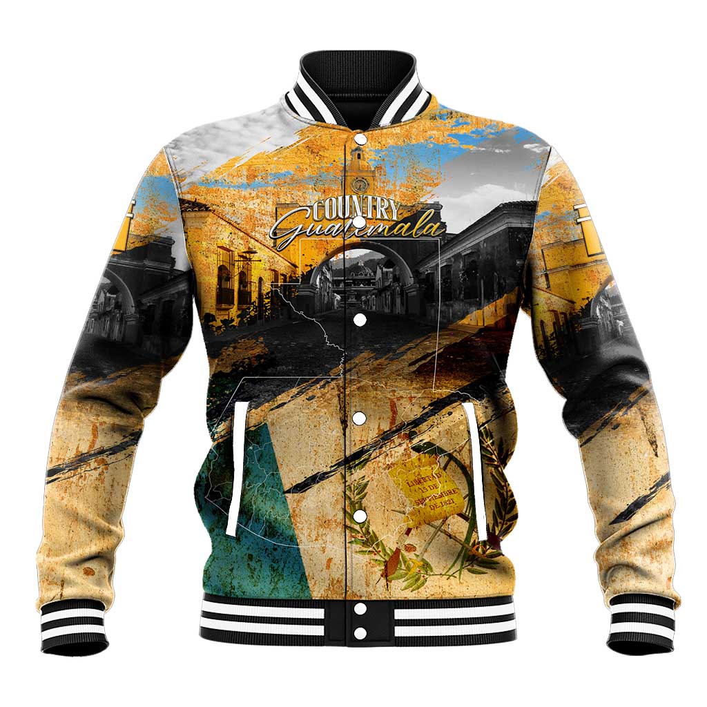 Guatemala Country Pride Baseball Jacket Grunge Map Art with National Landmark Flag Texture - Wonder Print Shop