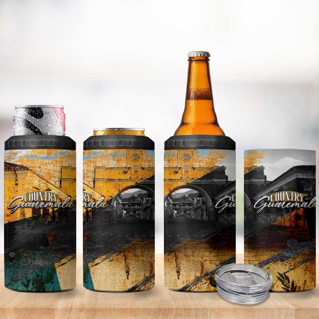 Guatemala Country Pride 4 in 1 Can Cooler Tumbler Grunge Map Art with National Landmark Flag Texture - Wonder Print Shop