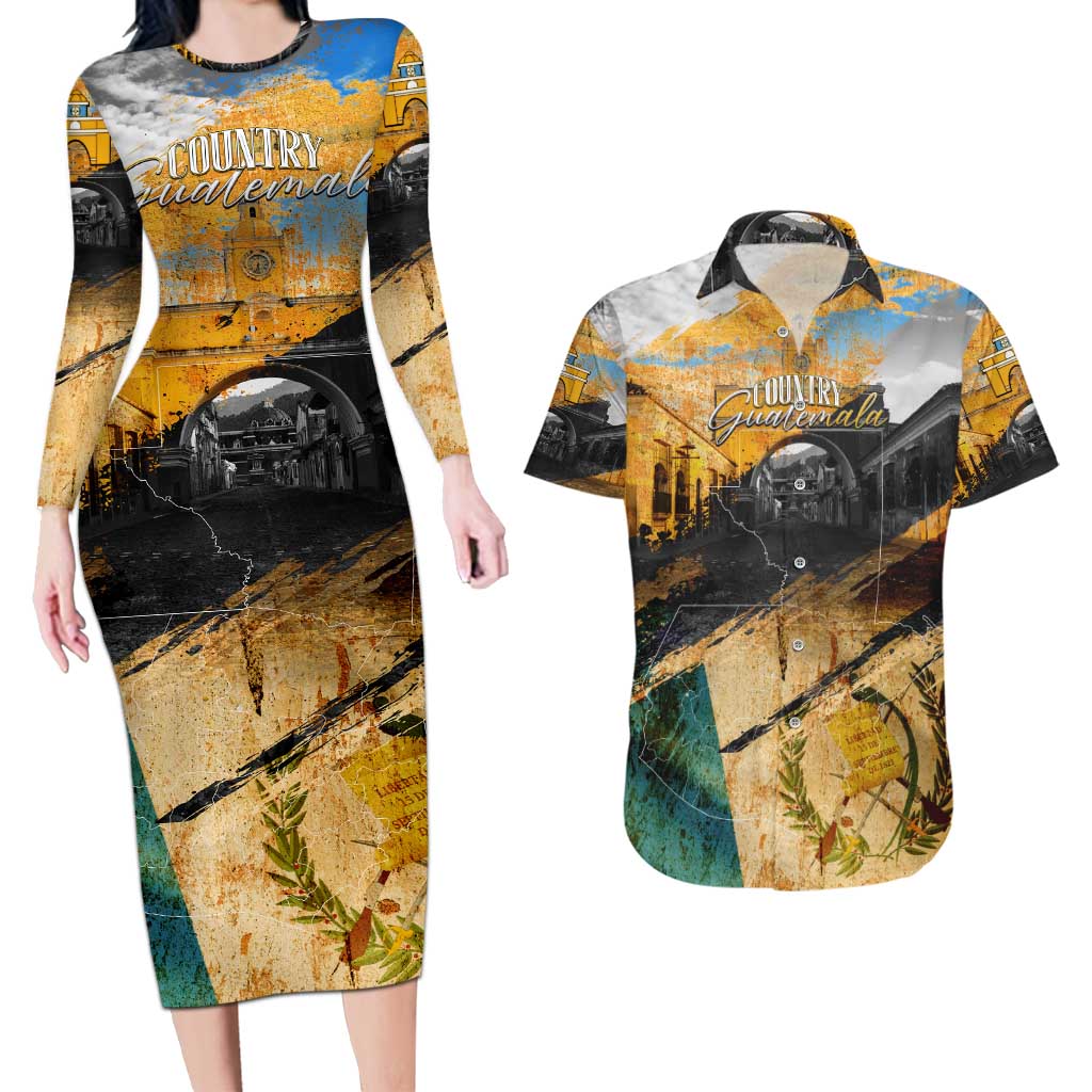 Guatemala Country Pride Couples Matching Long Sleeve Bodycon Dress and Hawaiian Shirt Grunge Map Art with National Landmark Flag Texture - Wonder Print Shop
