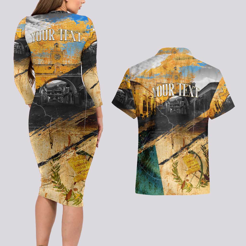 Guatemala Country Pride Couples Matching Long Sleeve Bodycon Dress and Hawaiian Shirt Grunge Map Art with National Landmark Flag Texture - Wonder Print Shop