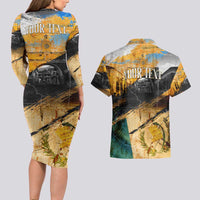 Guatemala Country Pride Couples Matching Long Sleeve Bodycon Dress and Hawaiian Shirt Grunge Map Art with National Landmark Flag Texture - Wonder Print Shop