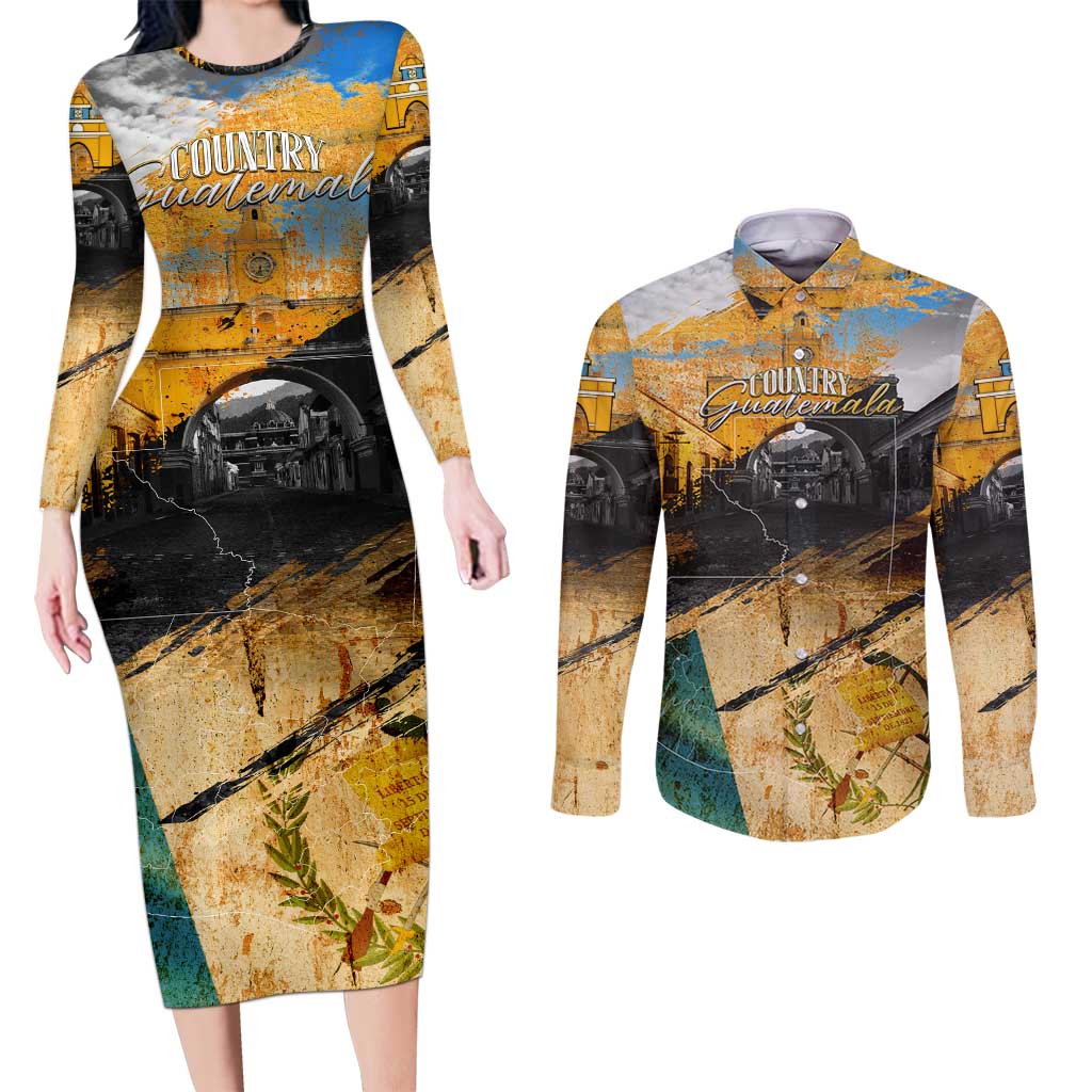 Guatemala Country Pride Couples Matching Long Sleeve Bodycon Dress and Long Sleeve Button Shirt Grunge Map Art with National Landmark Flag Texture - Wonder Print Shop