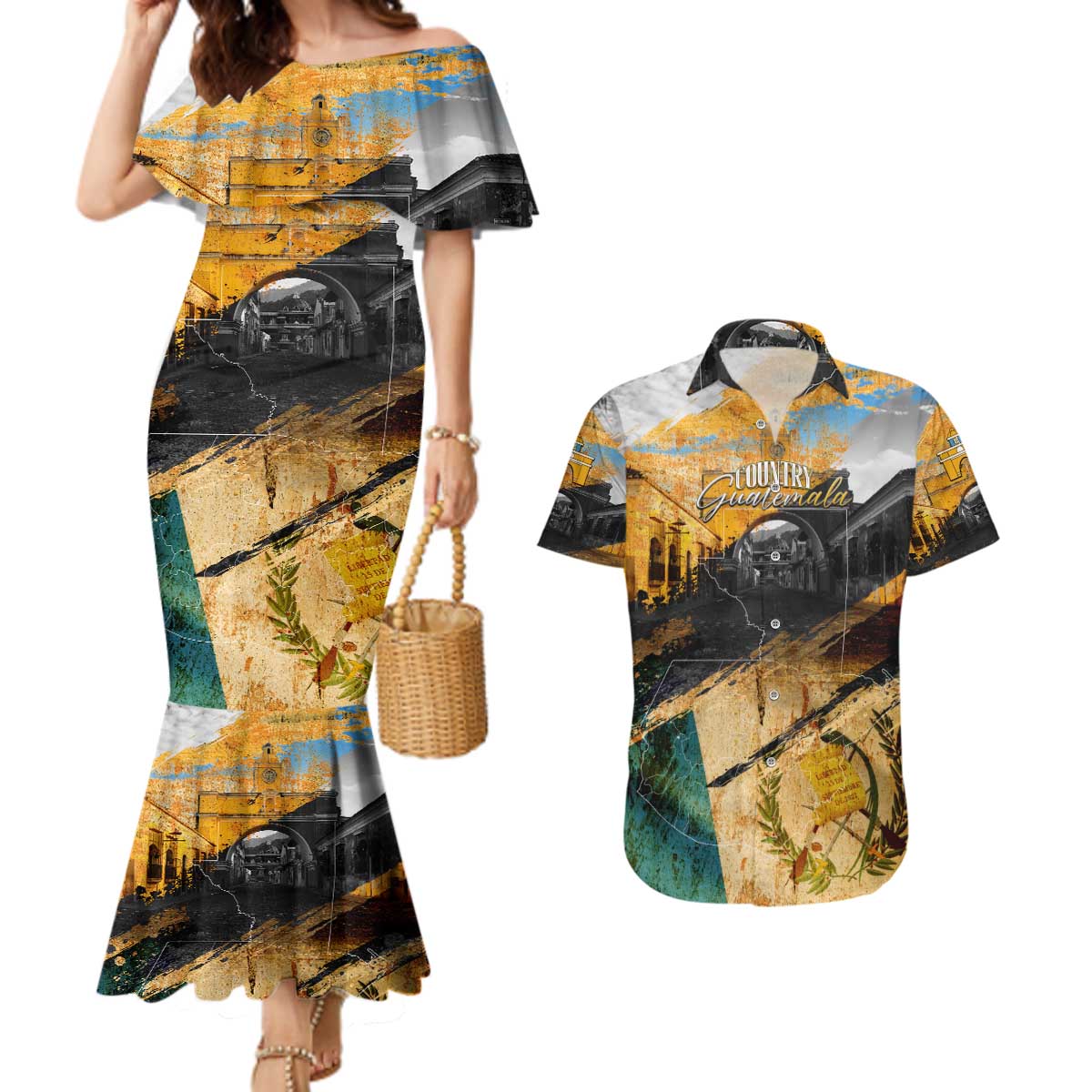 Guatemala Country Pride Couples Matching Mermaid Dress and Hawaiian Shirt Grunge Map Art with National Landmark Flag Texture - Wonder Print Shop