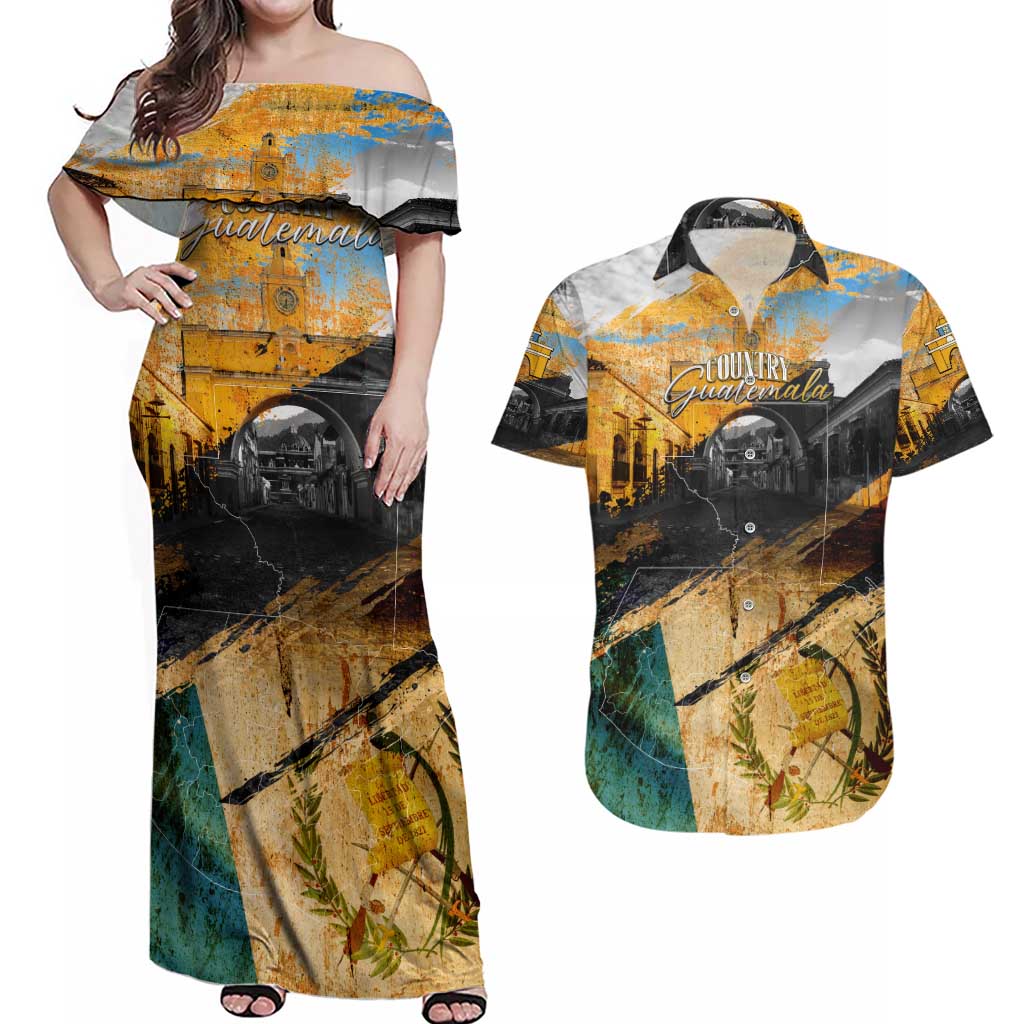Guatemala Country Pride Couples Matching Off Shoulder Maxi Dress and Hawaiian Shirt Grunge Map Art with National Landmark Flag Texture - Wonder Print Shop