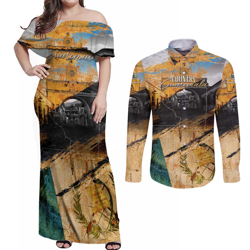 Guatemala Country Pride Couples Matching Off Shoulder Maxi Dress and Long Sleeve Button Shirt Grunge Map Art with National Landmark Flag Texture - Wonder Print Shop